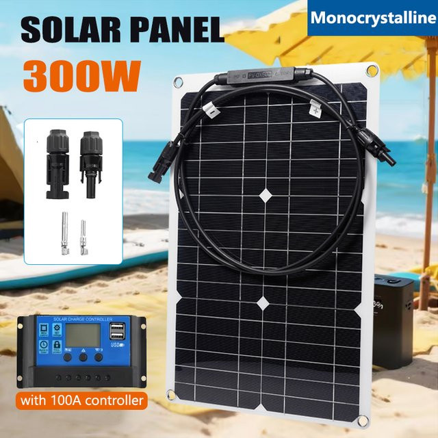 luxuglow 300 W Solarpanel-Set mit 18 V monokristallinen Silizium-Solarzellen und 100 A Controller in Schwarz für Wohnmobile, Schiffe und Outdoor-Camping - Bild 1