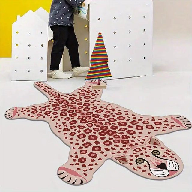 Lodestar Cartoon Leopard Plüschteppich in Pink, rutschfester und waschbarer Teppich für Wohnzimmer oder Schlafzimmer, B/T: 160 x 100 cm - Bild 1