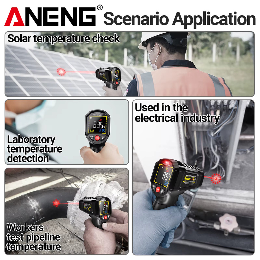 ANENG TH203 Infrarot-Thermometer in Schwarz mit einstellbarer Emissivität, Laserpositionierung und Alarmfunktion für den Bereich -50 bis 600 °C / 1112 °F - Bild 2