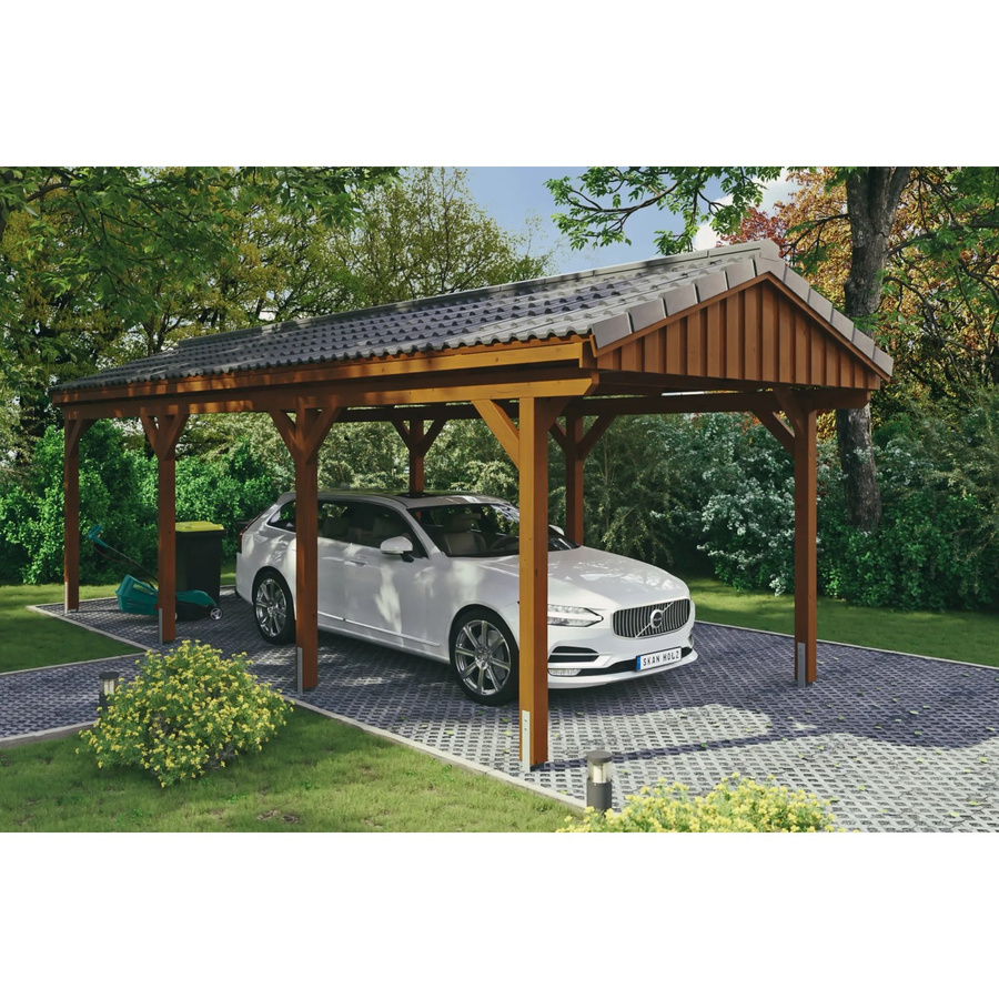 Skan Holz Carport Fichtelberg aus Fichte Leimholz in Nussbaum Braun mit spitzer Dachform, B/T: 317 x 808 cm, Höhe: 303 cm - Bild 2
