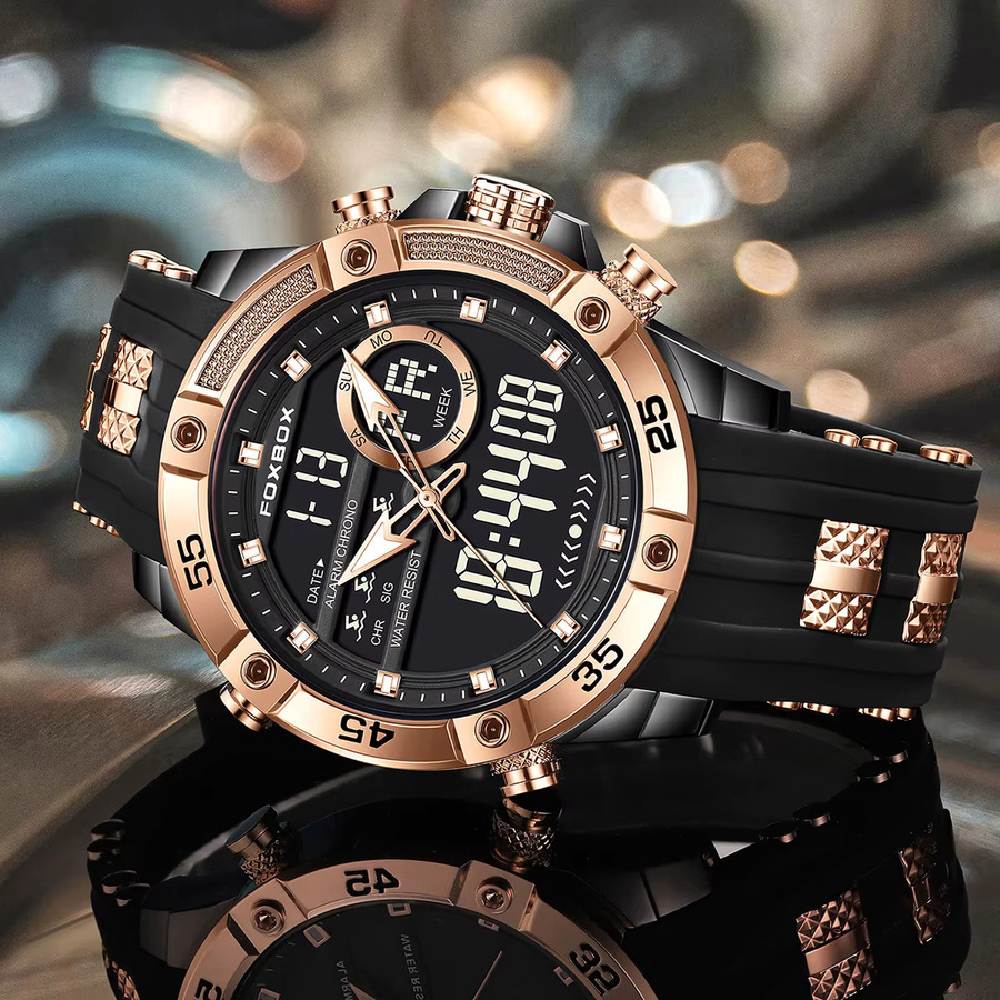 FOXOBOX Armbanduhr, Analog-Digital, Quarz, Chronograph, Edelstahl, Kautschuk, Herren, Schwarz - Bild 5