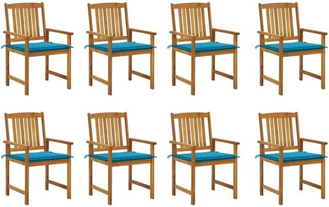 vidaXL Gartenstuhl-Set aus Akazien-Massivholz mit Kissen, 8 Stück, Braun und Blau - Bild 1