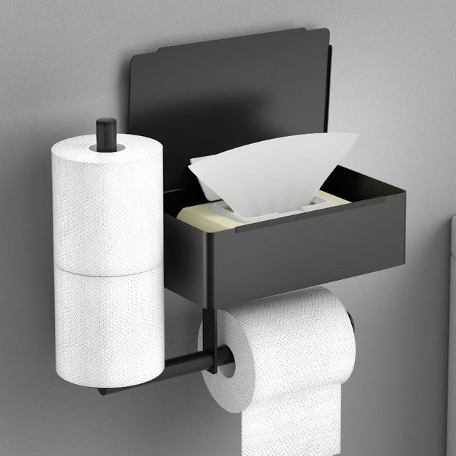 DIYelecs Rollenpapierhalter aus Edelstahl mit Ablage für Feuchttücher, Schwarz, selbstklebend ohne Bohren - Bild 1