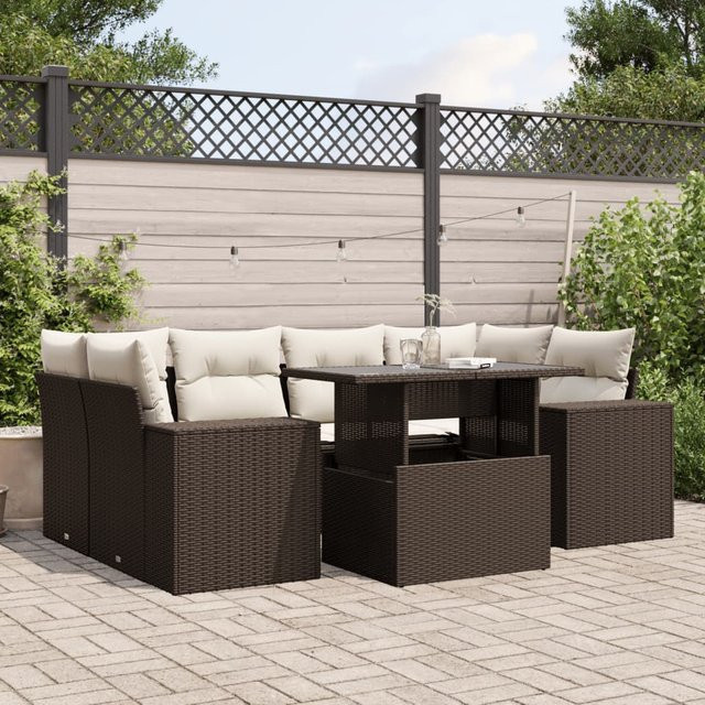 vidaXL 7-teilige Garten-Sofagarnitur in L-Form aus Polyrattan mit Kissen in Braun und Cremeweiß - Bild 3