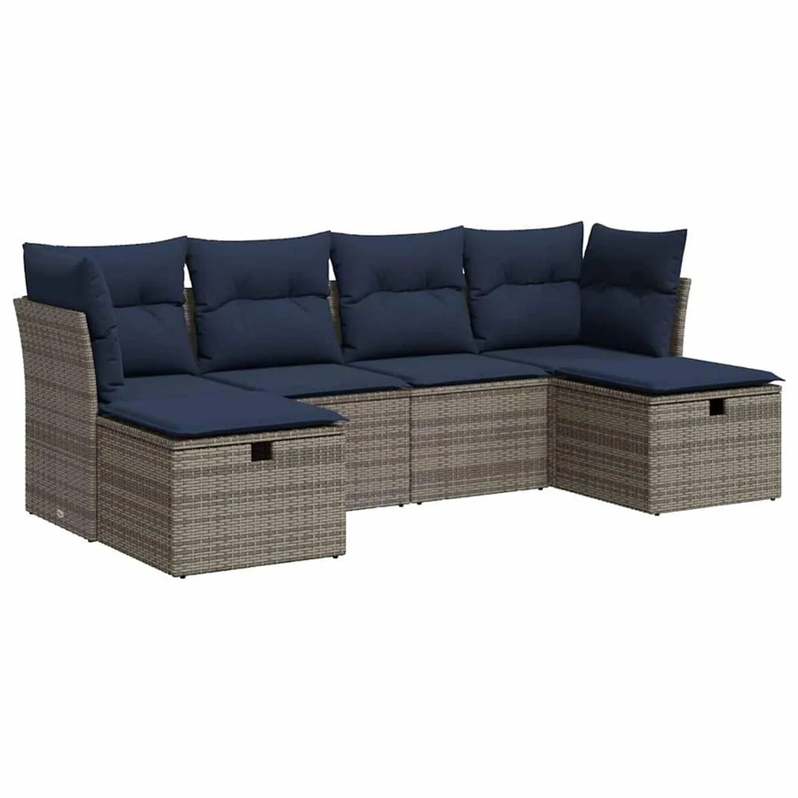 vidaXL 6-teilige Garten-Sofagarnitur aus Poly-Rattan in Grau mit Kissen aus Polyester und pulverbeschichtetem Stahlgestell - Bild 2