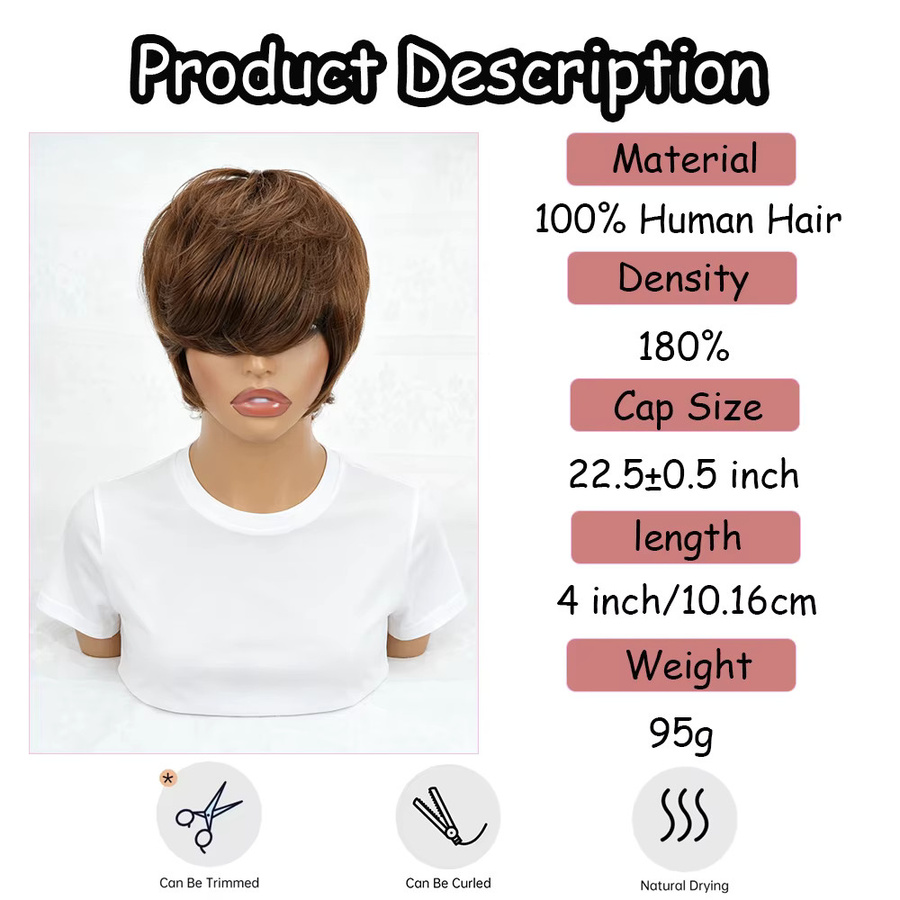 OYM HAIR Pixie-Cut Echthaar-Perücke, Dunkelbraun, mit Pony, Damen - Bild 3