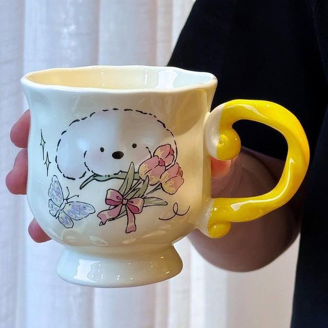 Yiran toy 1 Keramiktassen Set mit Herz, Welpe und Tulpen Design, 2er Paar, 370 ml pro Tasse - Bild 1