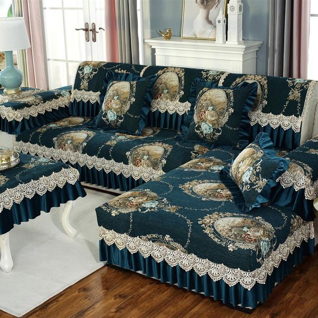 Super Six Sofabezug mit floraler Stickerei und Spitze in Blau, quadratisch, B/T: 70 x 70 cm - Bild 1
