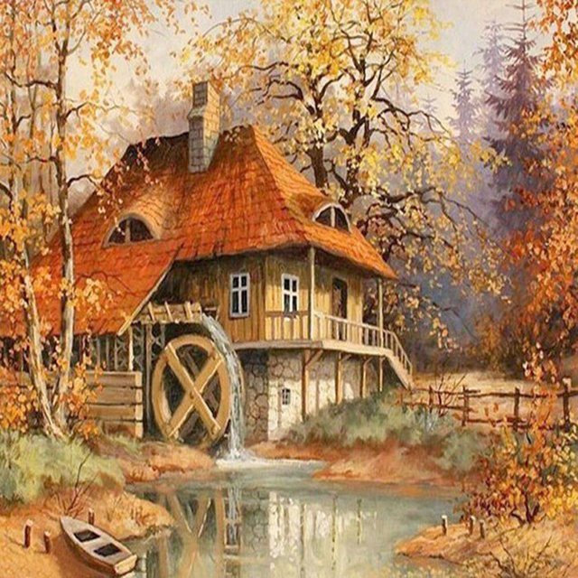 FIYO Diamantmalerei Haus am Wasser als Rundes Mosaik Set in Braun und Multicolour, Durchmesser: 30 cm - Bild 1
