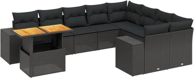 vidaXL 10-tlg. Garten-Sofagarnitur in L-Form aus Polyrattan und Akazienholz mit Kissen, Schwarz - Bild 1