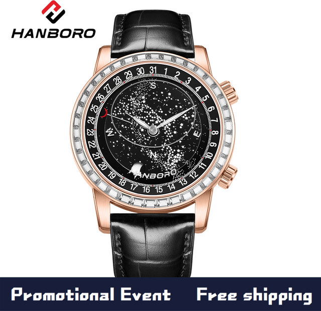 HANBORO Armbanduhr Automatik, Leder, Roségold, Schwarz, Herren - Bild 1