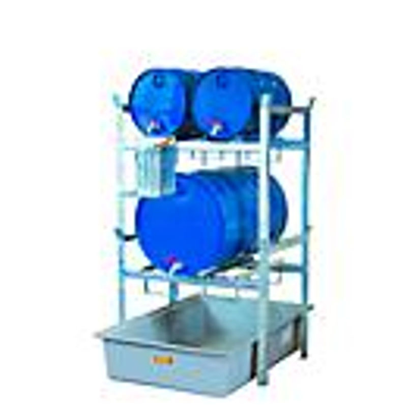 CEMO Fassregal Typ 400 Variante 2 mit GFK-Auffangwanne und Fassauflage, Farben: Grau und Blau, B: 128 cm, T: 99 cm, H: 162 cm - Bild 2