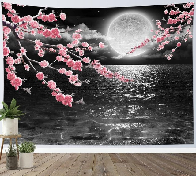 VIKAMA Wandteppich Night Ocean Cherry Blossom in Blau und Pink, Ästhetischer Sakura Wave Wandbehang mit floralem Design für dein Schlafzimmer - Bild 1
