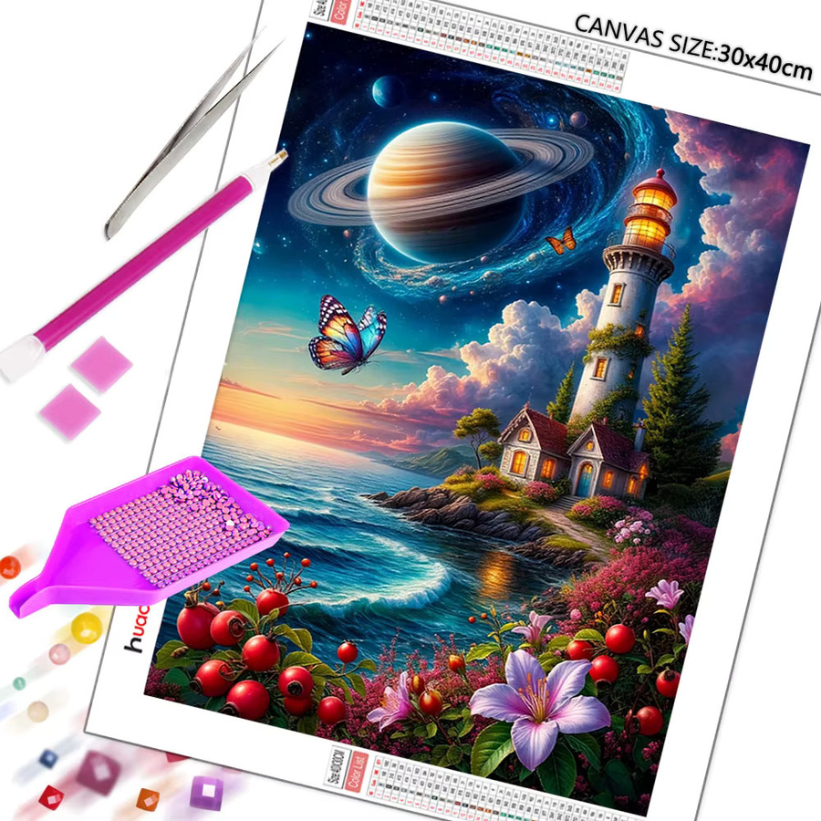 Huacan 5D DIY Diamantmalerei Landschaft mit Turm als runde Stickerei in Multicolour, B/D/H: 30,0 x 30,0 x 2,0 cm - Bild 3