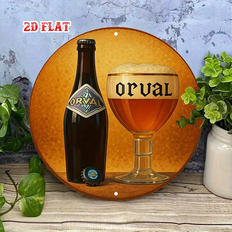 Orval Vintage-Stil Aluminium-Metall-Blechschild rund mit Bierflasche und Glas als Wandkunst, Durchmesser: 20 cm - Bild 3