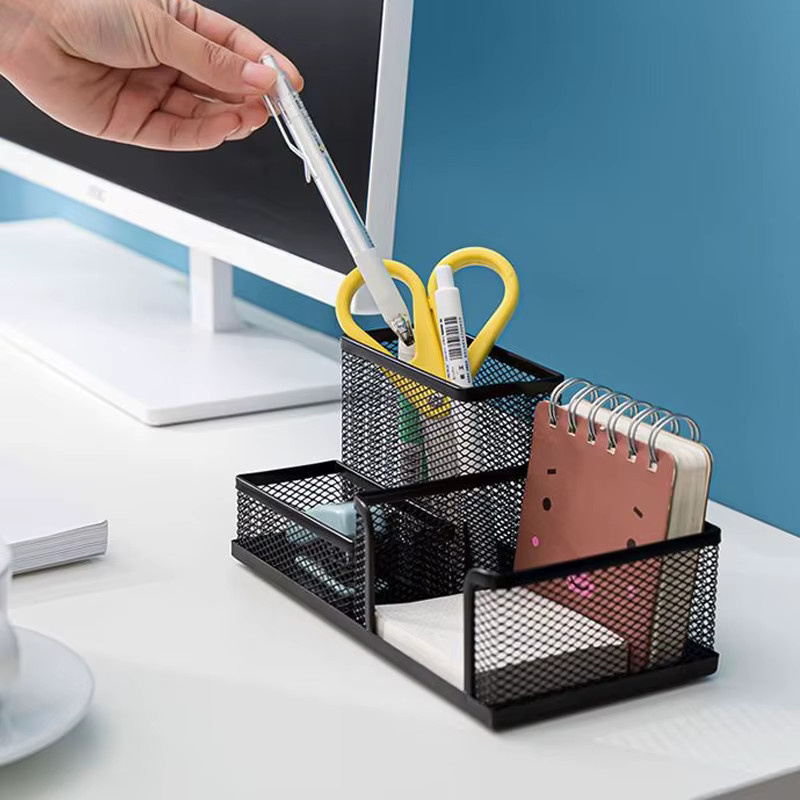 GJCUTE Schreibtisch-Organizer aus Metall in Schwarz mit 3 Fächern und Mesh-Design - Bild 4