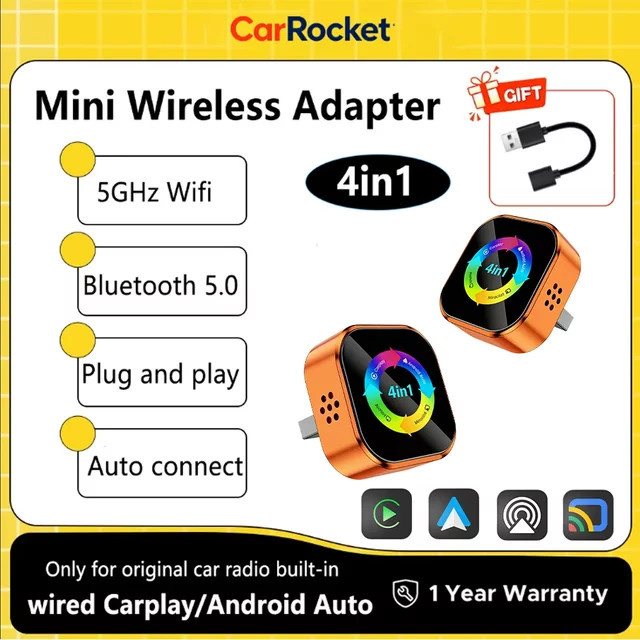 CarRocket 4-in-1 Wireless Adapter für CarPlay, Android Auto und AirPlay mit Mirror Link und Bluetooth in Orange für Volvo, Benz, MG und Kia - Bild 1