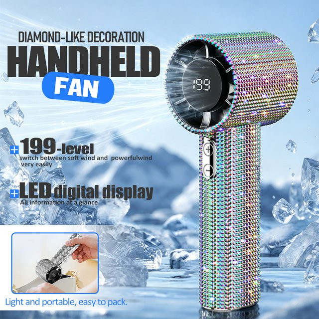 HAOYUNMA Mini-Handventilator mit Diamant-Design und LED-Anzeige, Silber, wiederaufladbar via USB - Bild 1