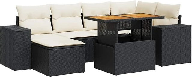 vidaXL 7-teilige Garten-Sofagarnitur in L-Form aus Polyrattan und Akazienholz mit Kissen in Schwarz-Creme - Bild 1