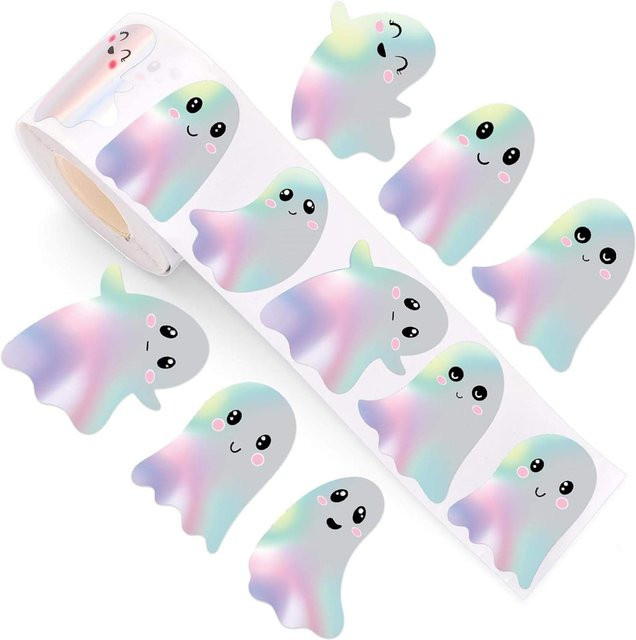 500 Stück Halloween Geister Aufkleber Rolle von Rui Di, dekorative selbstklebende Laser Aufkleber in Multicolour für deine Halloween Party und Gastgeschenke - Bild 1