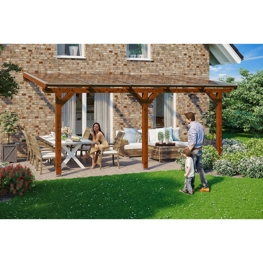 Skan Holz Terrassenüberdachung Andria aus Leimholz in Nussbaum Braun B/T/H: 541 x 350 cm mit Polycarbonat Dach - Bild 2