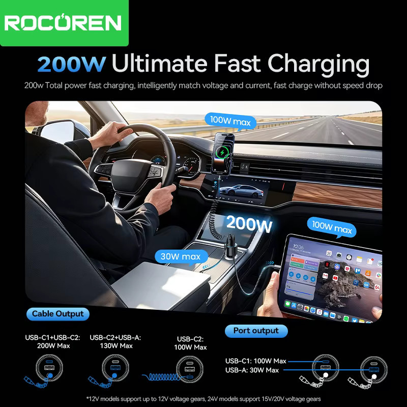 Rocoren 200W Autoladegerät mit PD100W USB Typ C und Federladekabel in Schwarz - Bild 2