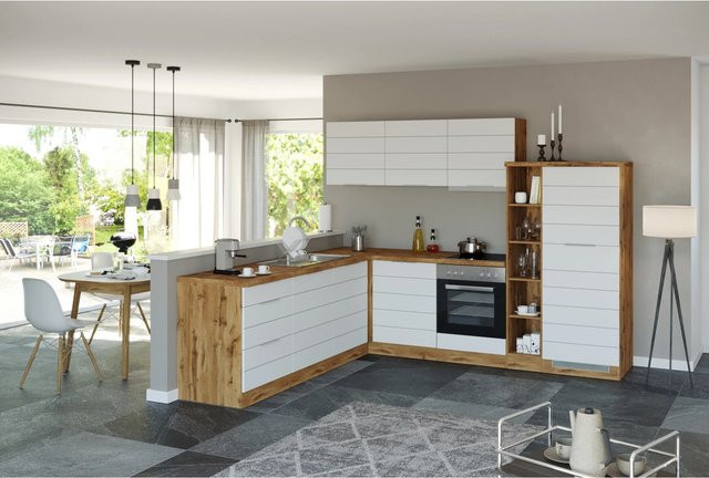Held Möbel Winkelküche in Matt Weiß und Wotaneiche ohne Elektrogeräte B/T/H: 240 x 60 x 165 cm - Bild 1