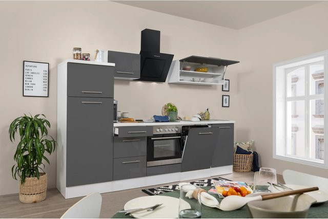 Respekta Premium Küchenzeile modern in Grau Hochglanz und Weiß mit Soft-Close-Türen, Breite: 280 cm - Bild 1