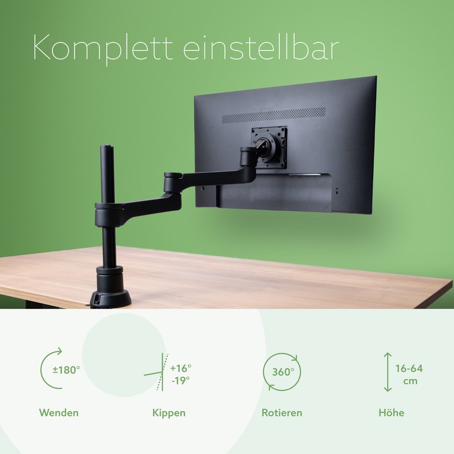 R-Go Zepher Monitorhalterung verstellbarer Einzelmonitorarm in Schwarz und Silber mit 75x75 VESA-Standard und bis zu 8 kg Tragkraft - Bild 2