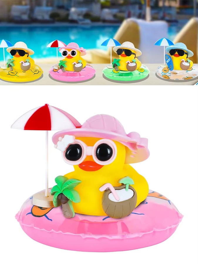 BXA Quietschende Gummiente als Auto-Ornament mit Kokosnuss-Sonnenbrille und Regenschirm in Gelb - Bild 6