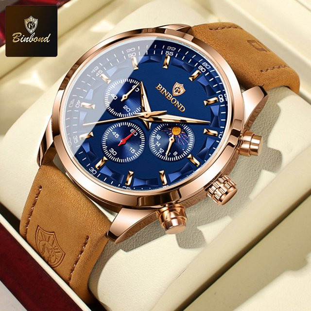 BINBOND Armbanduhr, Quarz, Leder, Blau, Datum, Wochentag, Herren - Bild 1