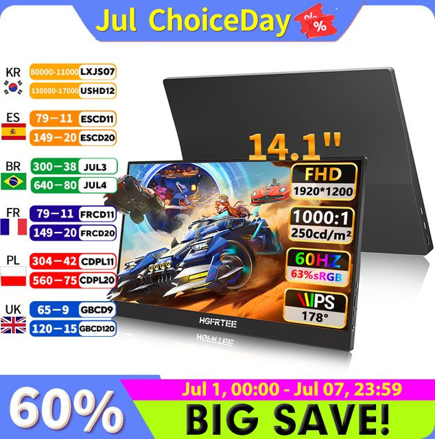 HGFRTEE Tragbarer Monitor 14,1 Zoll Full HD 1200P in Schwarz mit Dual-Lautsprecher, Dual Type-C und Mini HDMI für PC, Xbox, PlayStation und Nintendo Switch - Bild 1