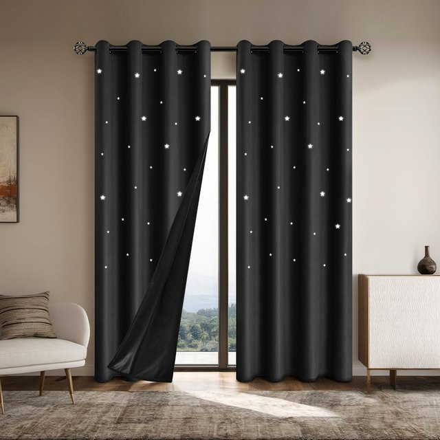Yiran Furniture Verdunkelungsvorhang mit Sternen-Design in Schwarz, lichtblockierend, Breite: 132 cm, Höhe: 241 cm - Bild 1