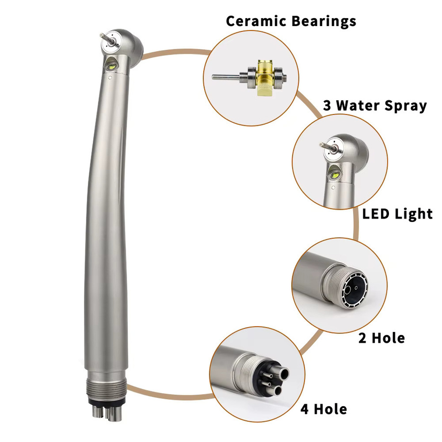 WJ Medical LED Dental Handstück High Speed mit Push Button, 3-Wasser-Spray und Keramiklager in Silber - Bild 2