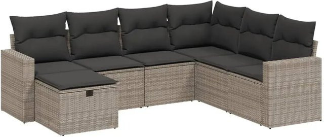 vidaXL 7-teilige Garten-Sofagarnitur aus Poly Rattan in Grau mit Kissen und Ottoman im L-Shape Design - Bild 1
