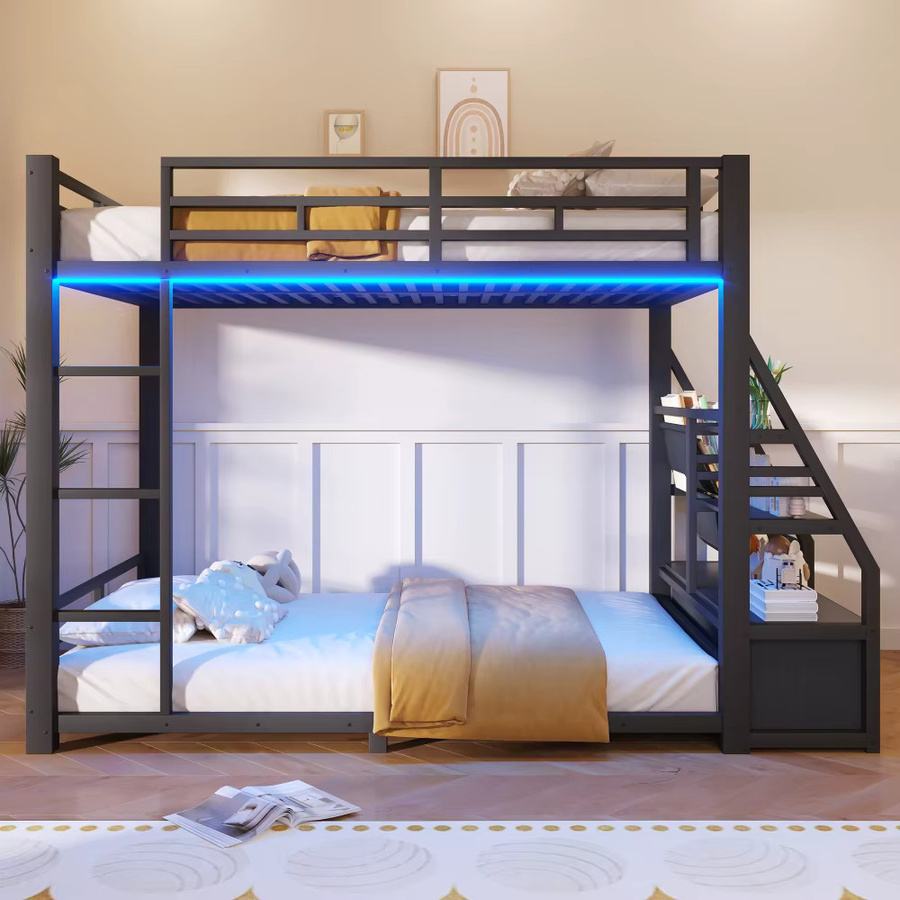 Multifunktionales Metall-Etagenbett für Kinder mit LED-Beleuchtung, 2 Stoffschubladen und Ablageflächen, robustes Bettgestell mit Sicherheitsgeländer und Leiter, B/T: 90 x 200 cm - Bild 4