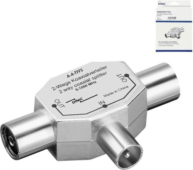 DINIC Koaxialverteiler aus Metall in Silber: 2x Koaxialkupplung auf 1x Koaxialstecker für 2 Radiogeräte an 1 Antennendose - Bild 1