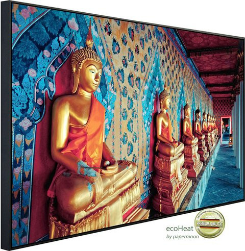 papermoon EcoHeat Infrarotheizung Goldene Statuen Buddhas in Bunt mit Matt-Effekt, App-Steuerung und Überhitzungsschutz - Bild 1