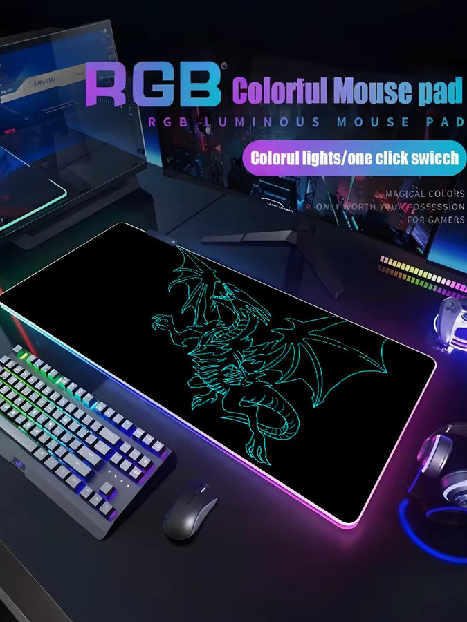HYBXAXC Blue Eyes White Dragon RGB Gaming-Mauspad in Schwarz-Weiß mit LED-Beleuchtung für PC und Tastatur - Bild 2