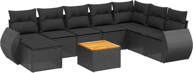 vidaXL 9-tlg Garten-Sofagarnitur aus Poly-Rattan und Akazienholz in Schwarz mit Kissen - Bild 1