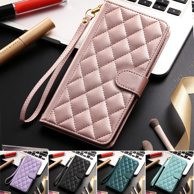 Karierte Leder-Handyhülle mit Kartenfach und Brieftasche als Flip Cover für Xiaomi Mi 15 Ultra 14T 13T 11T 12T Poco X7 M6 F5 X6 X5 X3 Pro 5G M5S in Gold - Bild 1