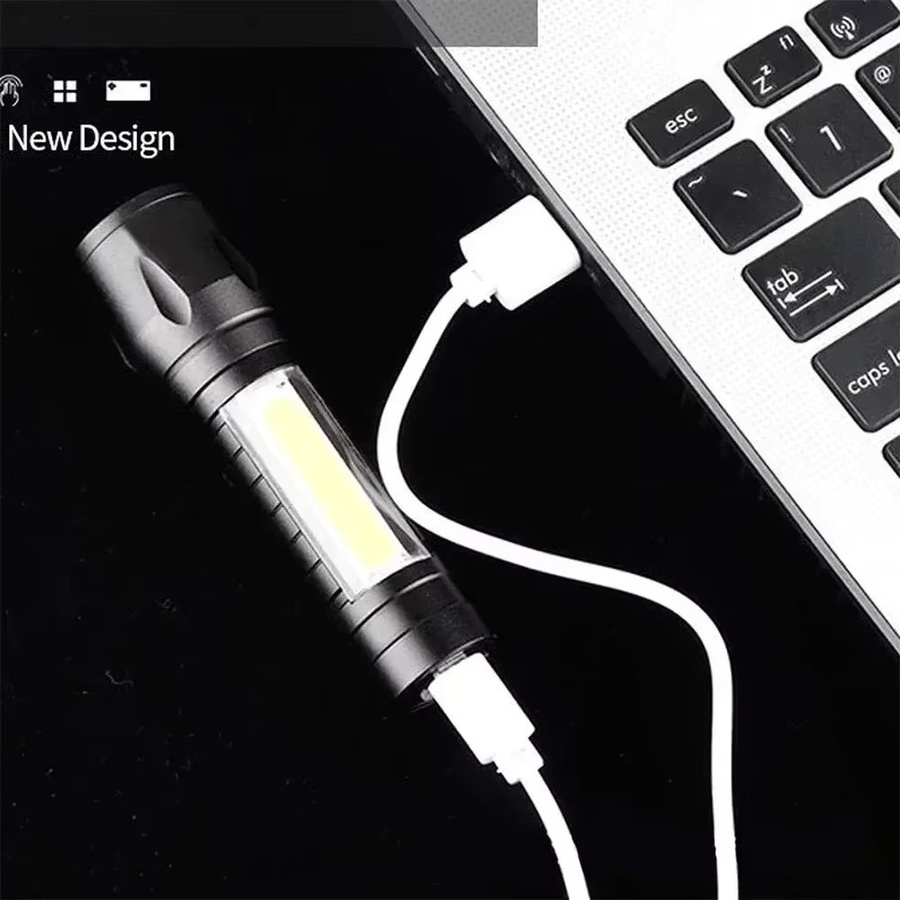 KDULIT USB aufladbare LED Camping Taschenlampe mit COB-Seitenlicht und Zoom, wasserdichte taktische Outdoor-Taschenlampe in Schwarz - Bild 3