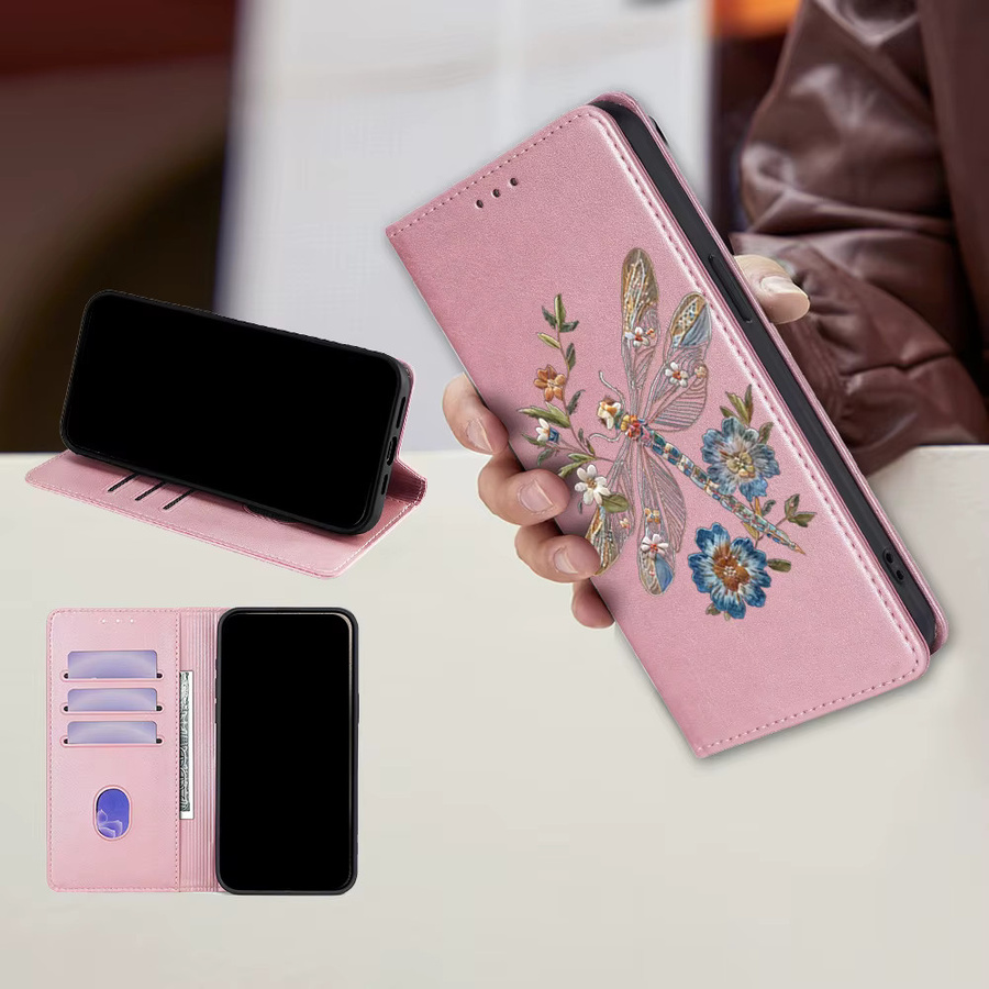 Samsung Handyhülle aus Leder mit Libellen-Blumenmuster in Grau für Galaxy S25 Ultra, S25 FE, S24, S23, S22 Plus, Flip und Galaxy A-Serie - Bild 2