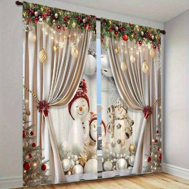 Set aus 2 Weihnachtsvorhängen mit Weihnachtskugeln, grünen Blättern und weißem Schneemuster in Rot, Grün und Weiß, B: 60 cm, H: 60 cm - Bild 1