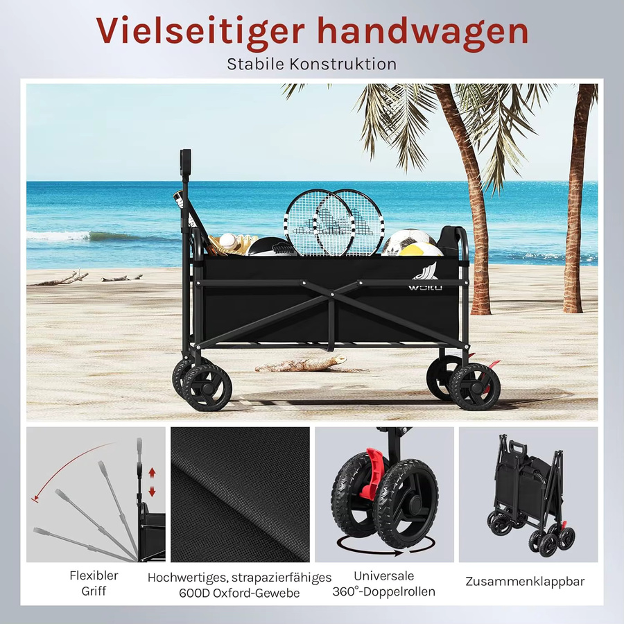 WOLTU Klappbarer Handwagen in Schwarz mit Bremsen und Doppelrädern für Garten, Camping und Outdoor - Bild 2