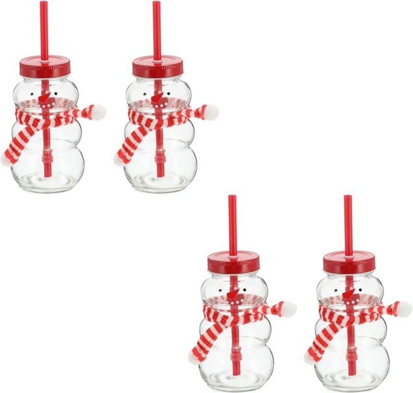Novaliv 4er Set Glühweinbecher mit Schneemann Motiv, transparente Weihnachtstassen aus Glas mit Deckel und Trinkhalm, 260 ml - Bild 1