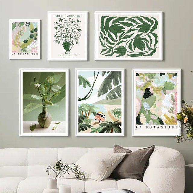 Potdemiel Leinwandbild Boho Abstrakte Landschaft mit Blättern und Vase als Wandkunst für dein Wohnzimmer - Bild 1