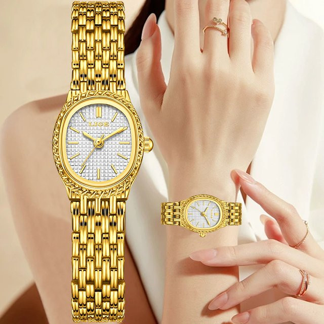 LIGE Damenarmbanduhr, Quarz, Gold, Silikon, Diamantbesetzt - Bild 1