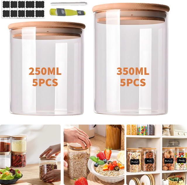 LONENESSL Glas-Vorratsdosen-Set mit Holzdeckel, 10er Set transparent, 5 x 250 ml und 5 x 350 ml zur Aufbewahrung von Tee, Kaffee, Zucker und Müsli - Bild 1