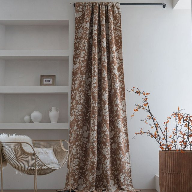 CENTURyMiG Chenille-Vorhang mit floraler Bestickung, semi-transparent, Farbe: Beige/Braun, Breite: 100 cm, Höhe: 130 cm - Bild 1